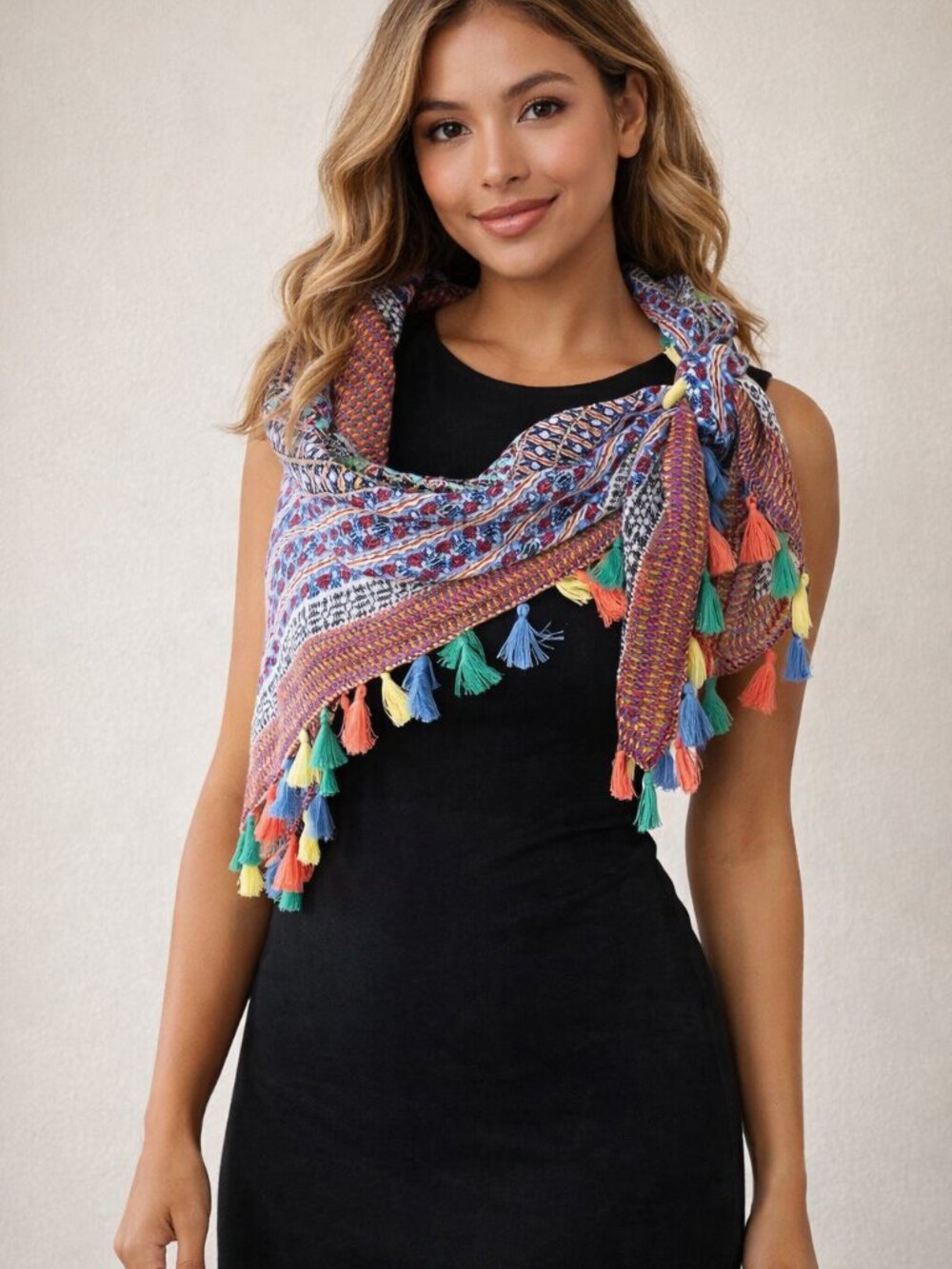 The Limited Cotton Colorful Tassel-Trimmed Scarf Multiple Variations One Size